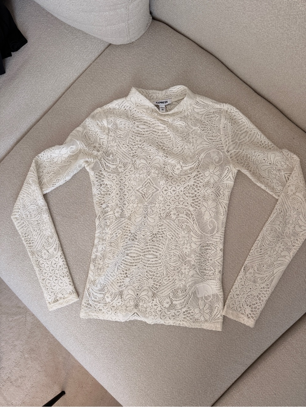 Express Cream Lace Long Sleeve Mock Neck Top
